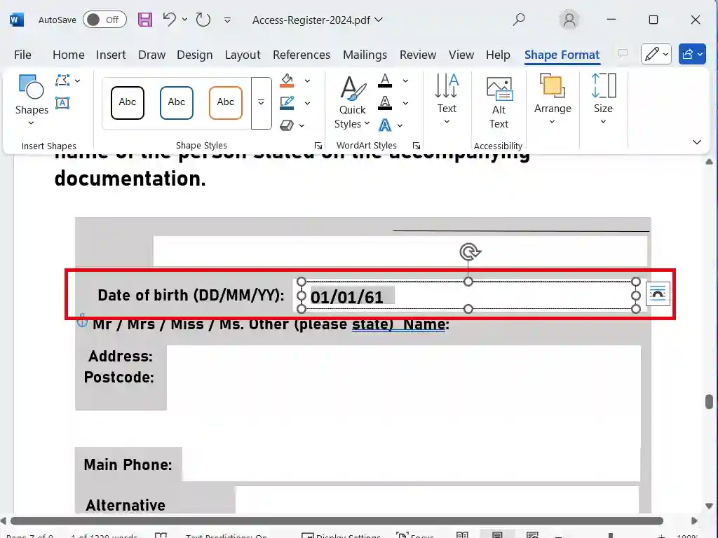 Text box drawn and details being typed in.
