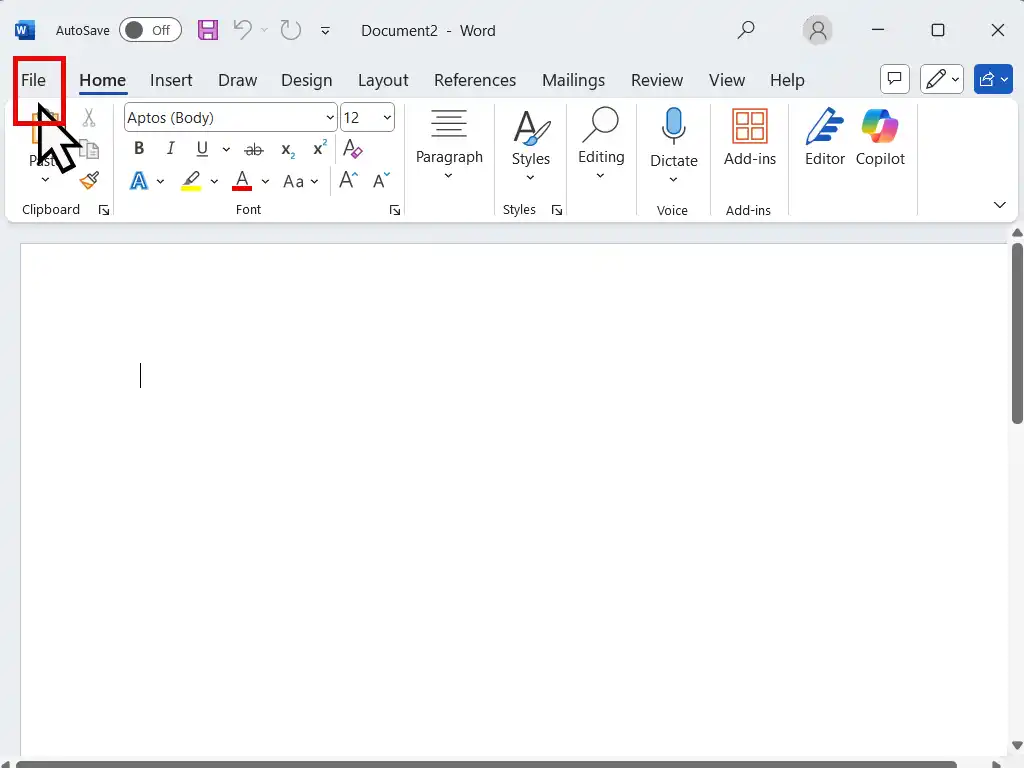 File button indicated in MS Word.