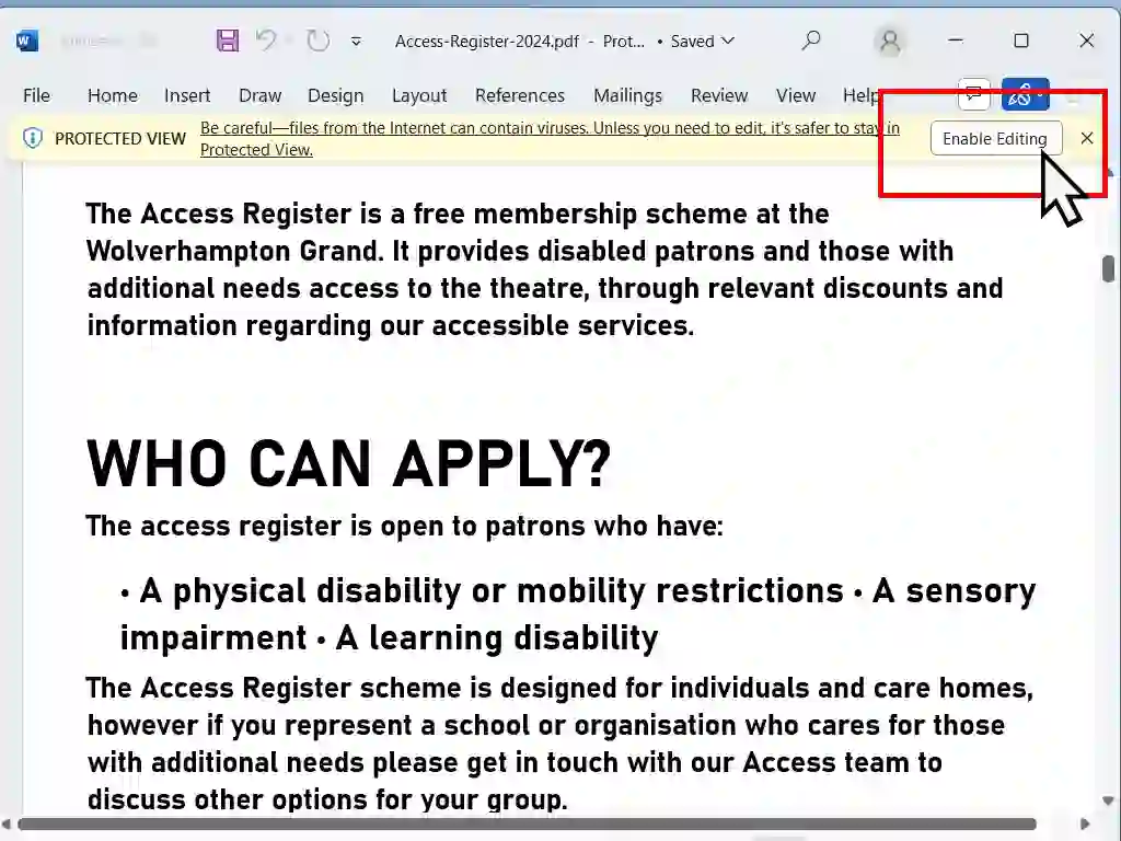 Enable editing button indicated for a converted PDF form.