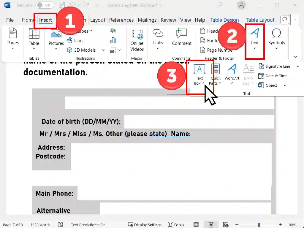 Steps to add a text box in Word.