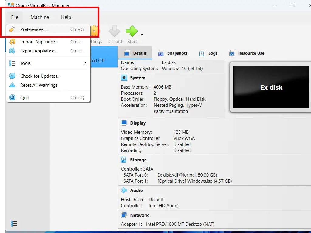 VirtualBox Preferences