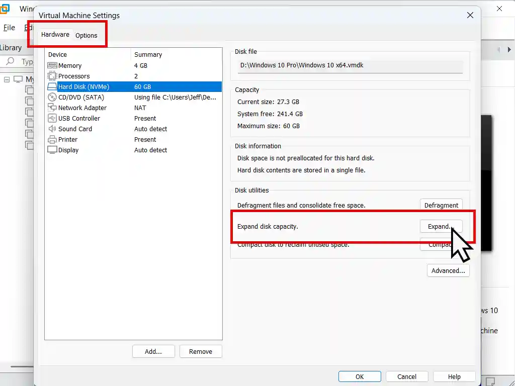 Hard disk is selected and the Expand button is indicated.