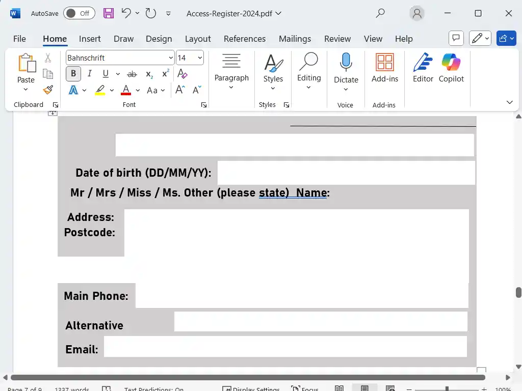 Form with boxes for Name, address and Date of Birth.