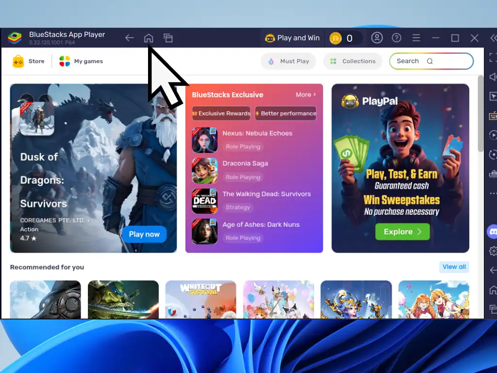 Home icon indicated in BlueStacks.