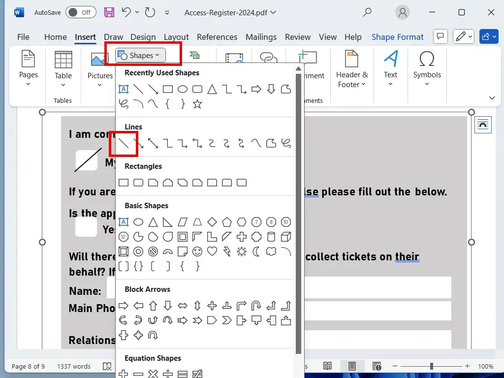 Insert Shape and Line are indicated.