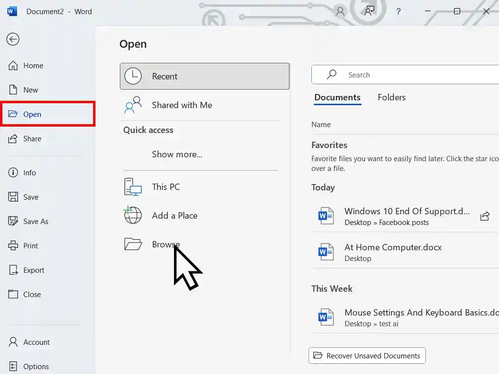 Open and Browse options in Word.