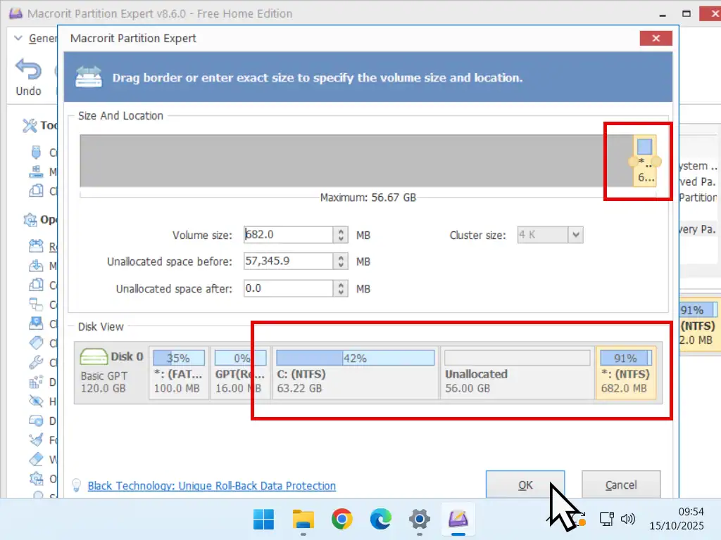 New disk layout with the recovery partition moved to the end of the drive.