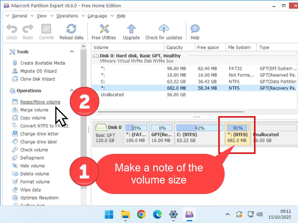 Partition selected and Resize/Move volume option is indicated.