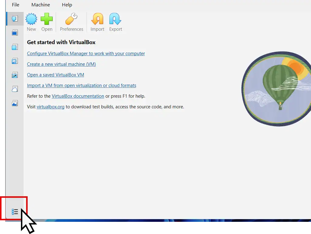 Show text-VirtualBox navigation