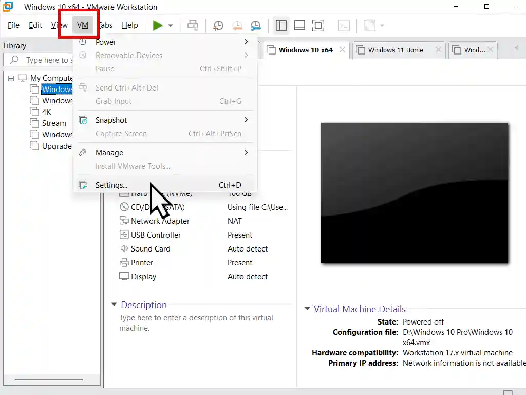 Accessing the VMware settings.