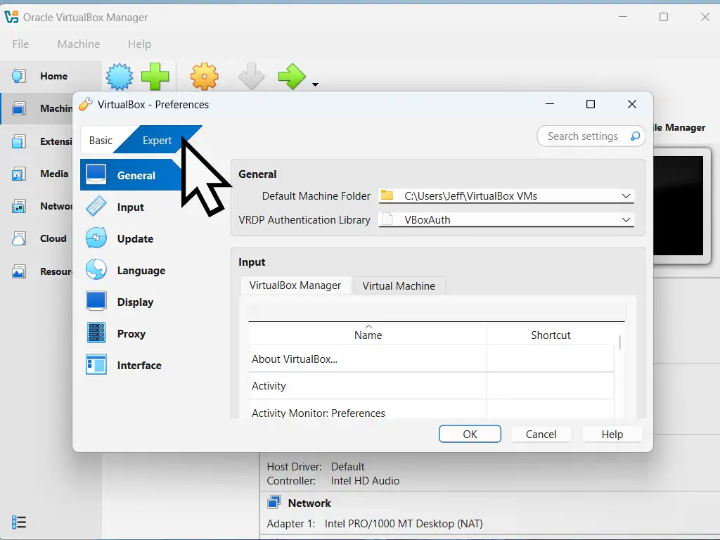 Expert mode selected in VirtualBox.