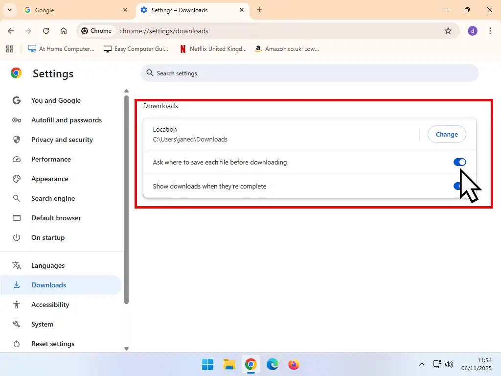 Ask where to save downloads-Chrome Ask where to save downloads option in Google Chrome.