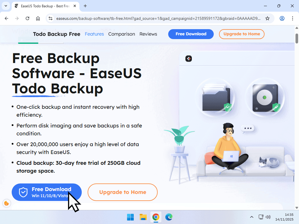 Backup Windows 11 for free EaseUS Todo download page. The Free Download button is indicated.