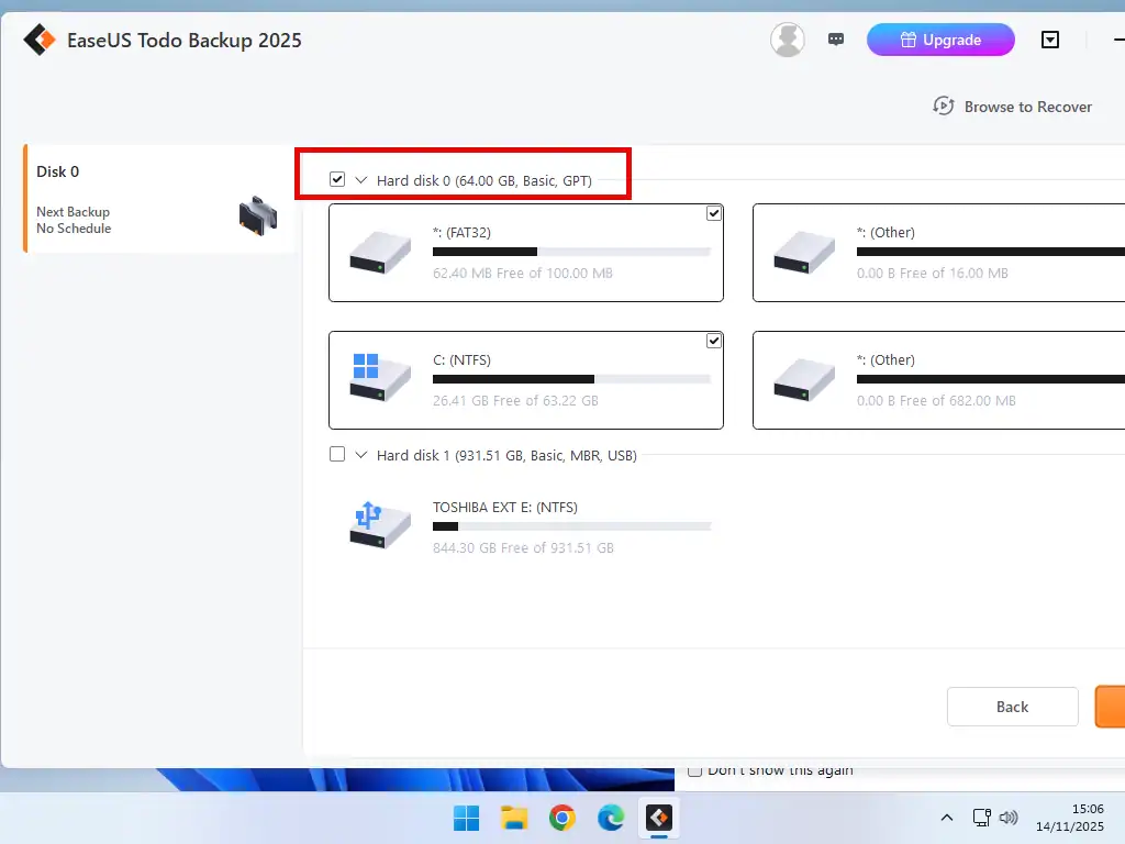 Backup all partitions All system partitions are selected.