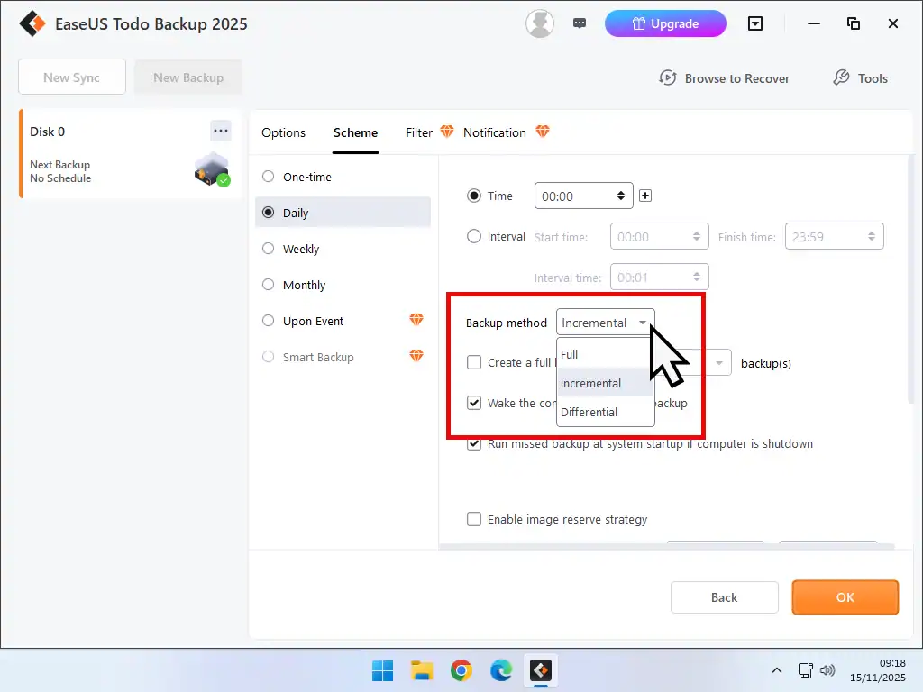 Backup method Incremental, Differential and Full backup options.