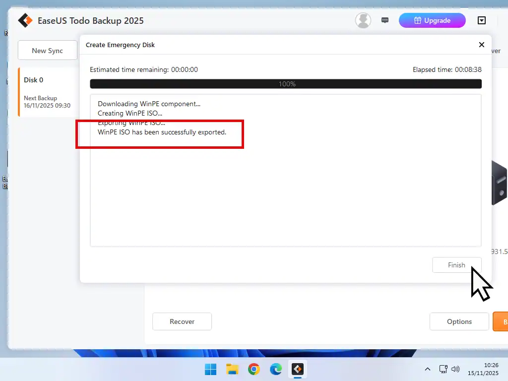 Boot disk created Emergency boot disk has been successfully created.