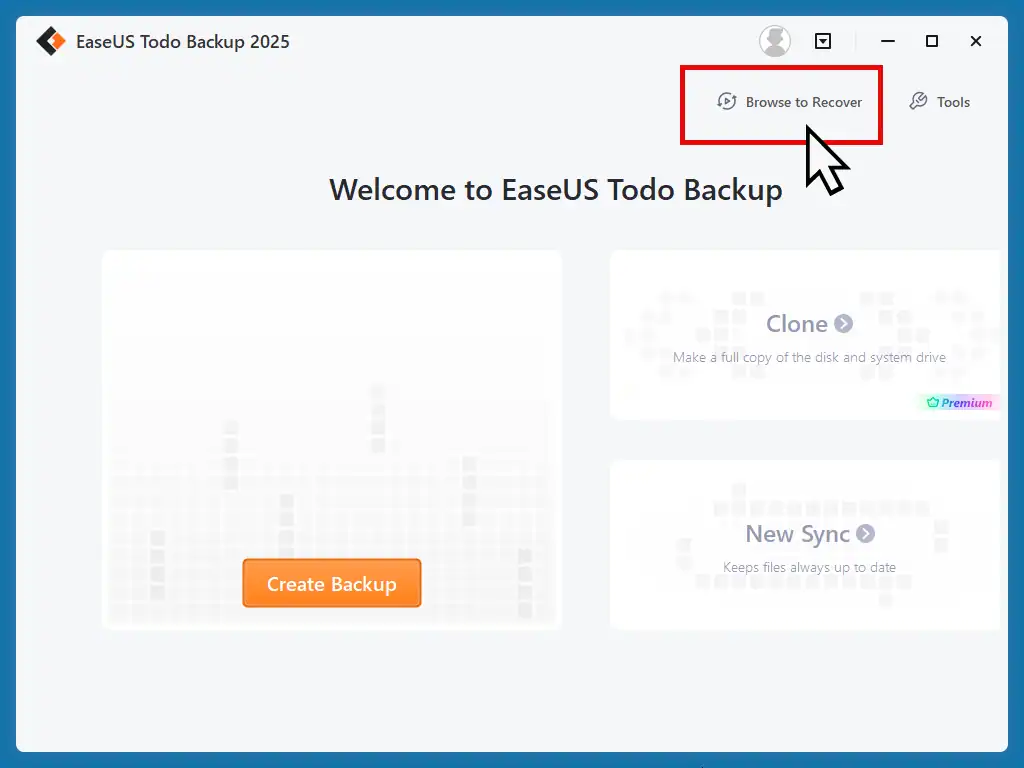 The Browse for Recovery option is highlighted.