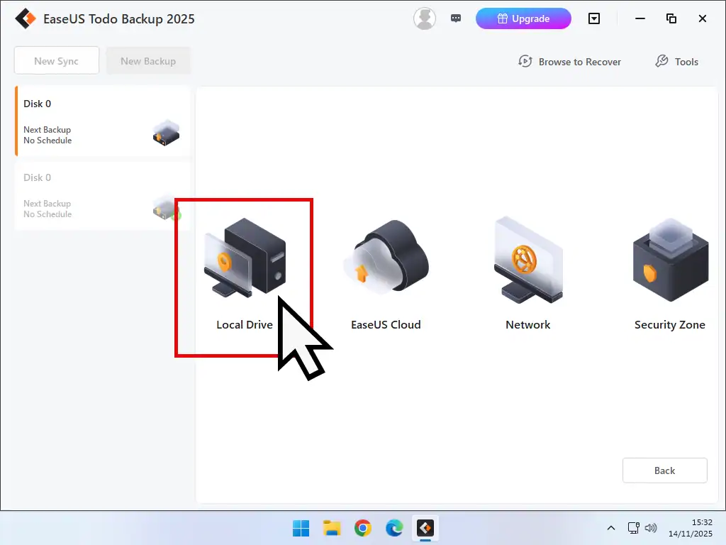 Change backup destination 1 Local drive is selected.