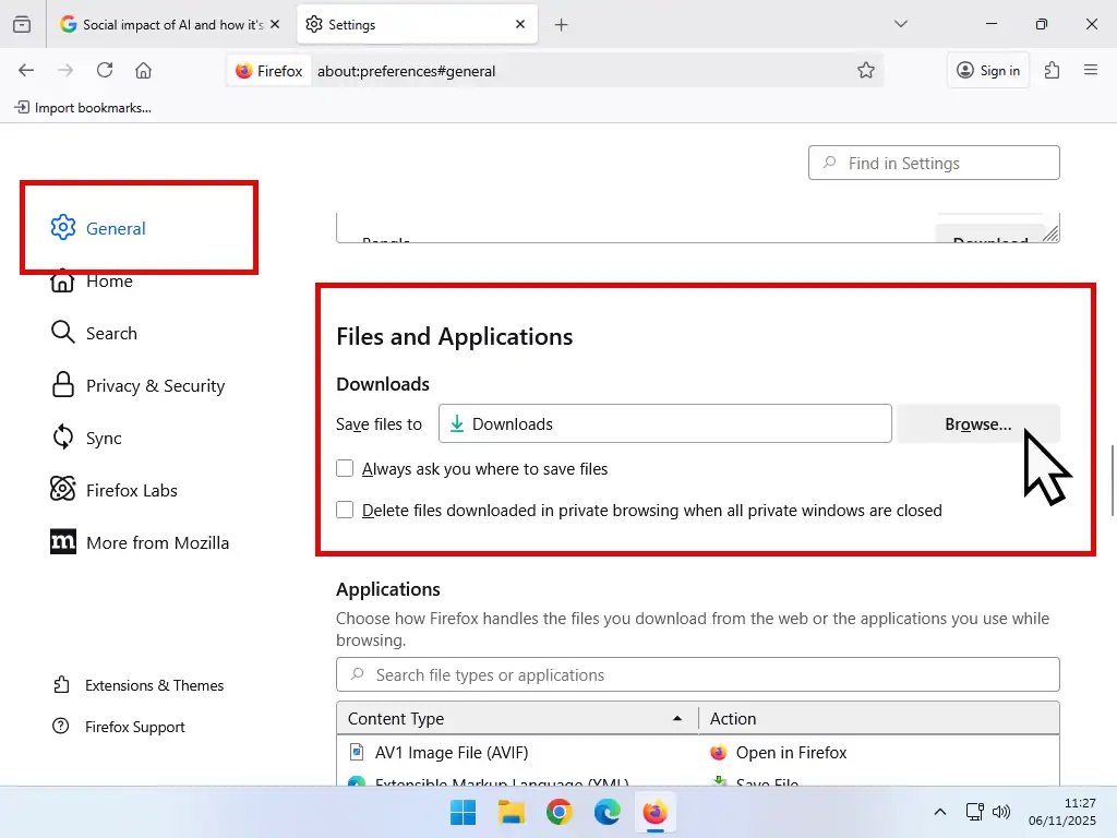 Change default download folder in Firefox Browse button indicated in Firefox when changing download folder.
