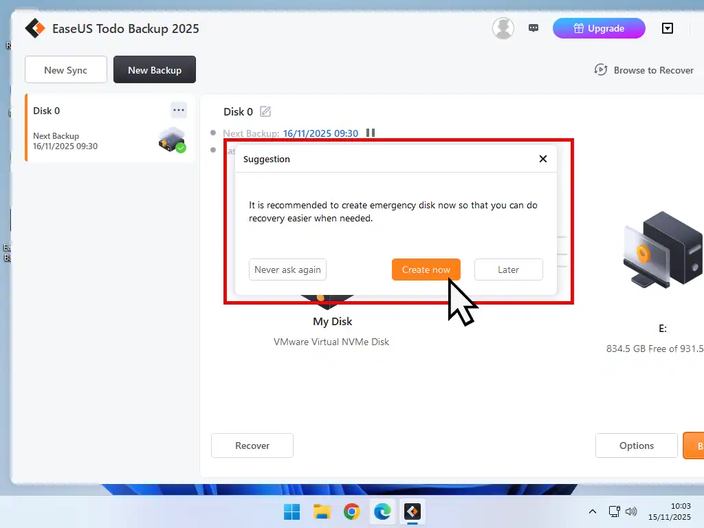 Create an emergency rescue disk Create Now button.