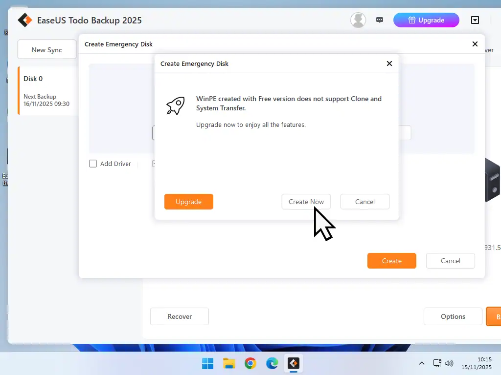 Create emergency disk Create Now button indicated.