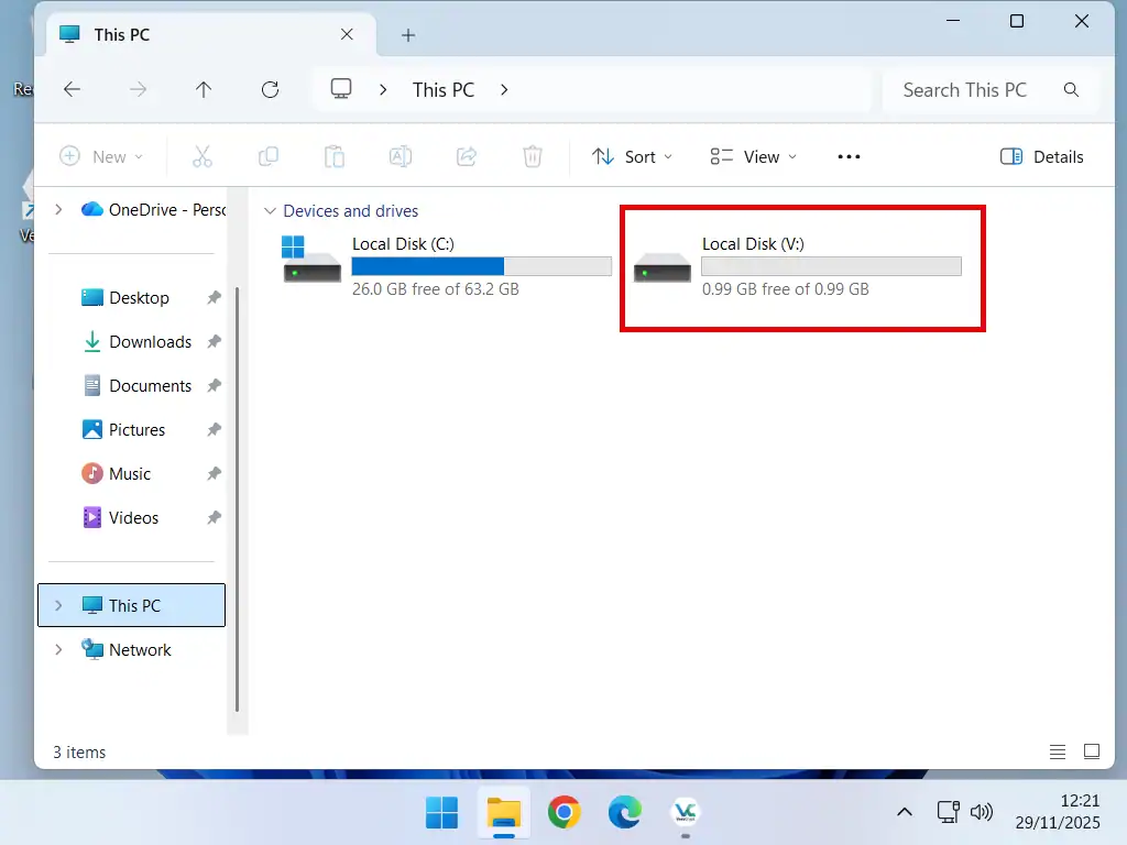 Decrypted drive appears in File Explorer Decrypted drive appears in File Explorer.