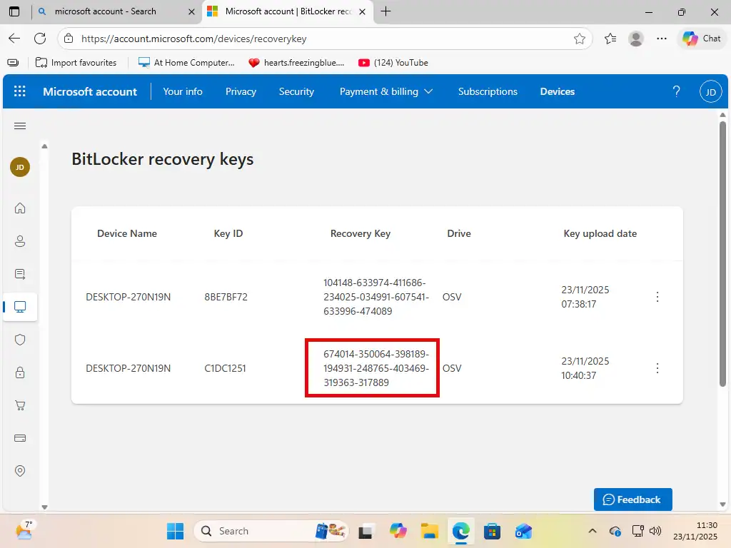 Device encryption recovery key A 48 digit recovery key is indicated.