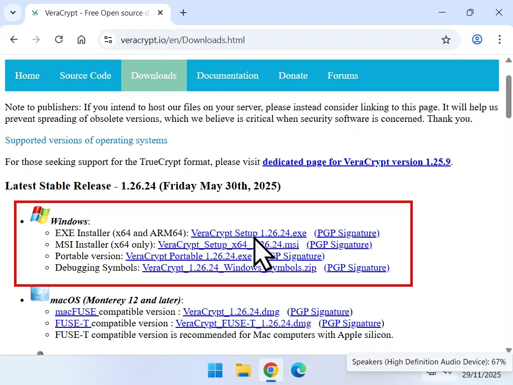 Download VeraCrypt Download link indicated.