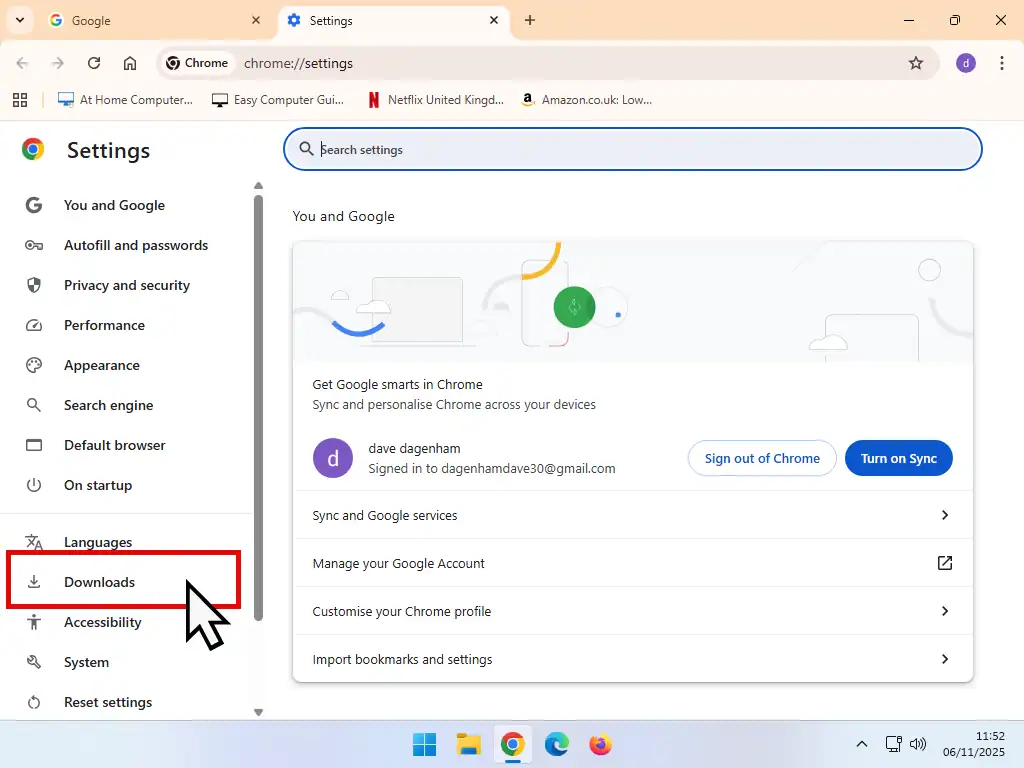 Downloads options - Chrome Downloads settings option indicated in Chrome settings menu.