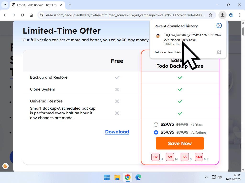 EaseUS downloader installer Running the installer from within a browser window.
