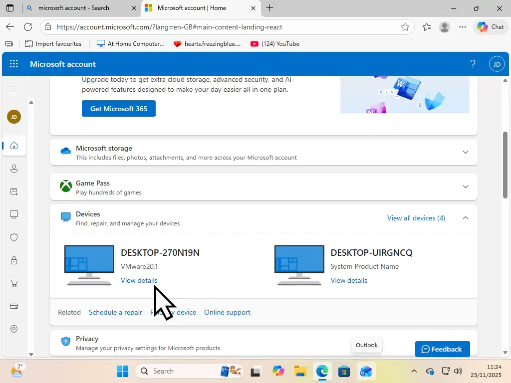 Find Recovery key View Details link is highlighted under the Devices section of Microsoft account.