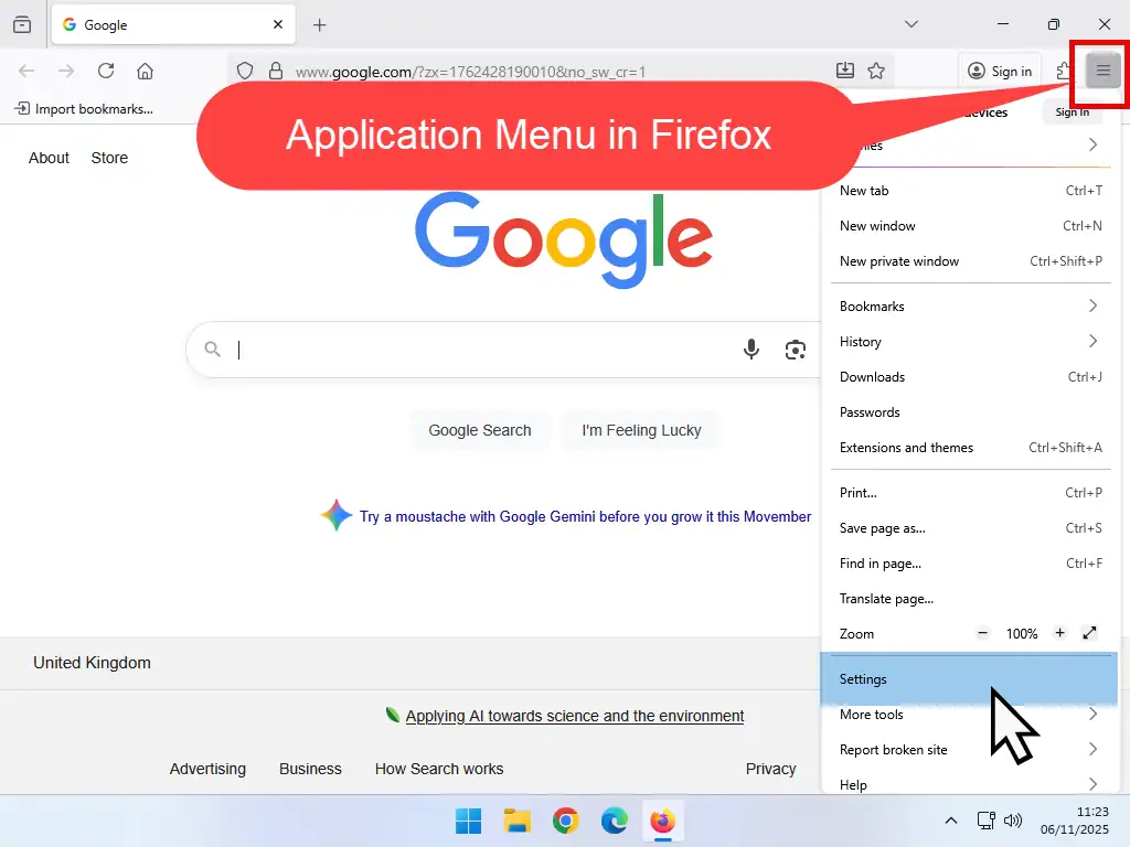 Open settings in Firefox Open settings in Firefox