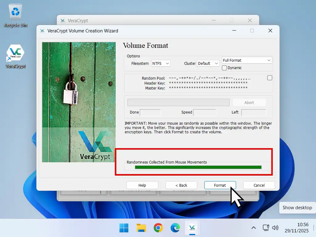 Randomness collected Progress bar has turned green.