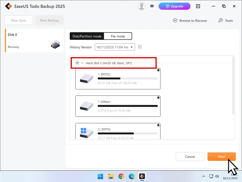 Select partitions to restore.