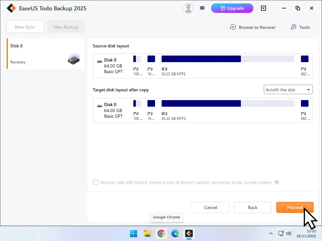 Recovery confirmation screen. The proceed button is indicated.
