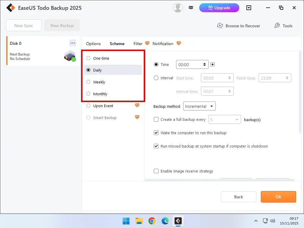 Schedule frequency Daily, Weekly and Monthly tabs indicated.
