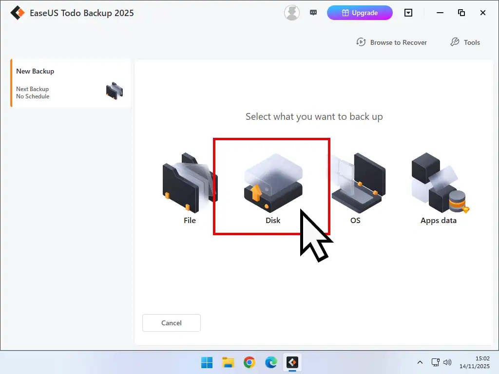 Select what to backup Backup options for Windows 11. Disk is selected.