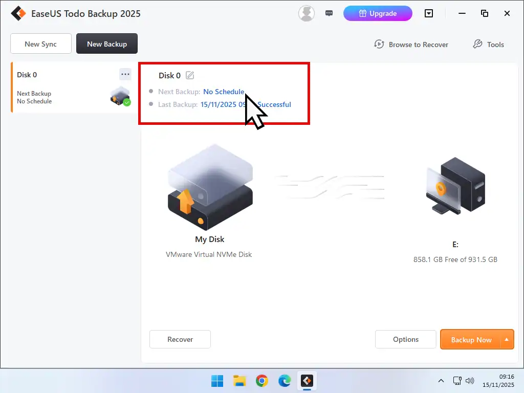 Setting a backup schedule for Windows 11 No Schedule link indicated in EaseUS Todo Backup.