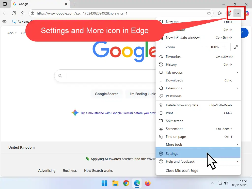 Settings Microsoft Edge Opening the Settings menu in Edge.