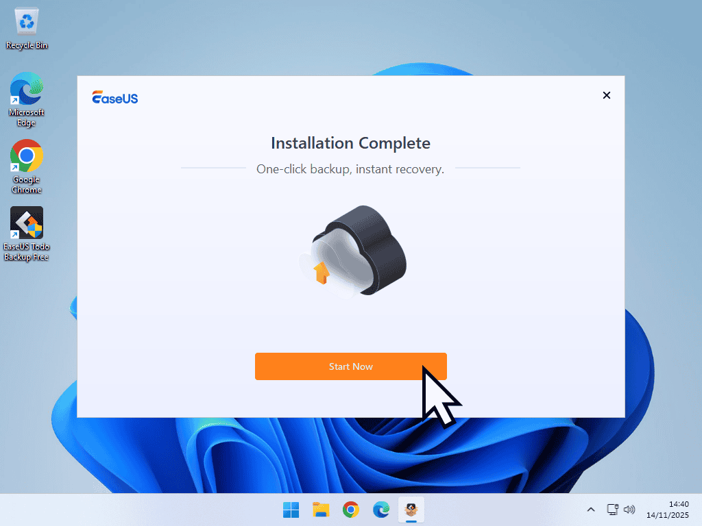 Start Now Installation complete. Start Now button indicated.