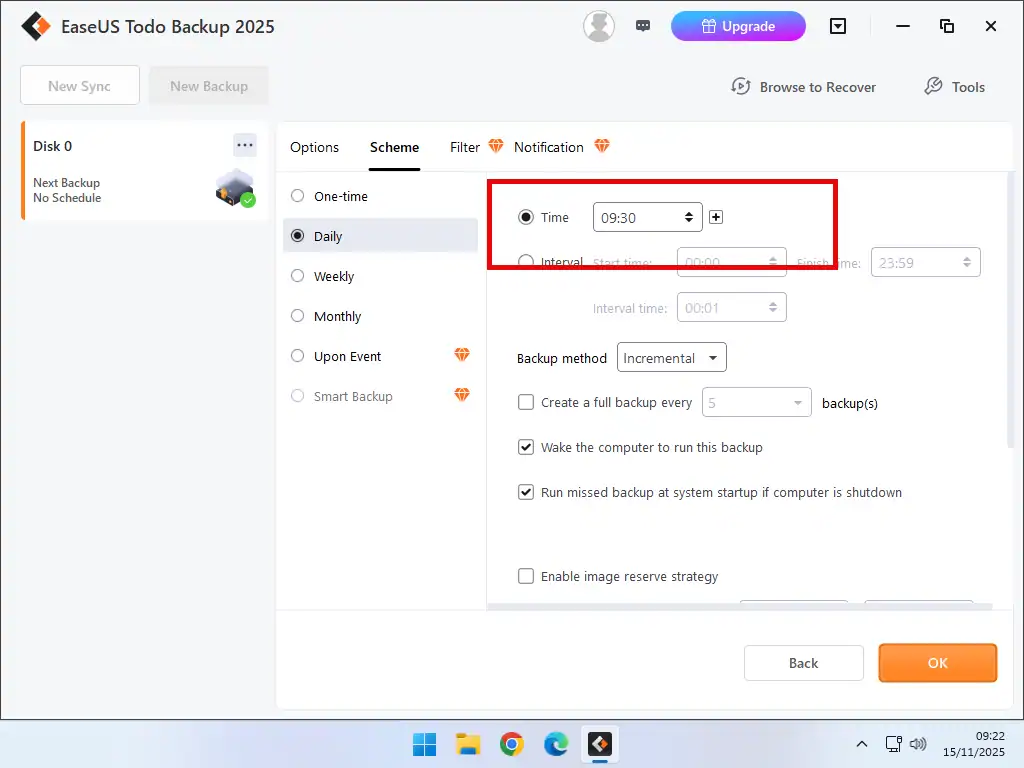 Start time for backup Set the time of a backup.