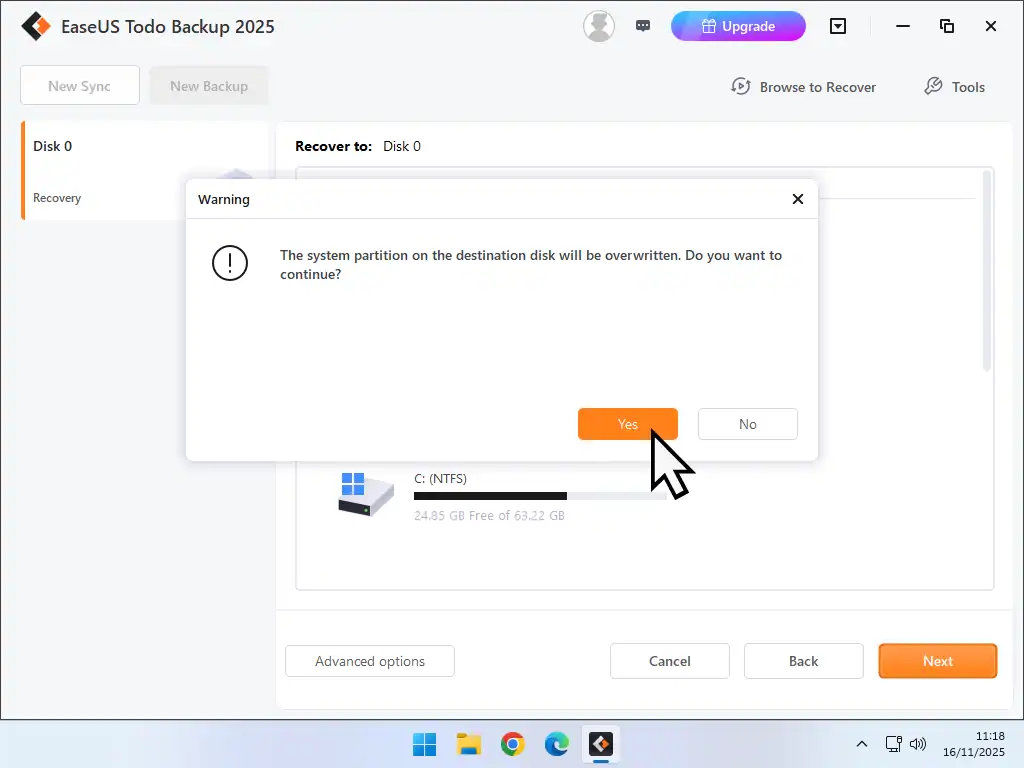 Warning the system partition will be overwritten. The Yes button is marked.