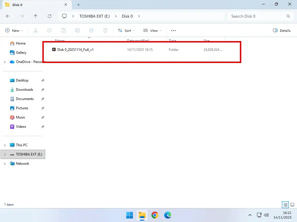 Windows 11 system image Windows 11 backup on External USB drive.