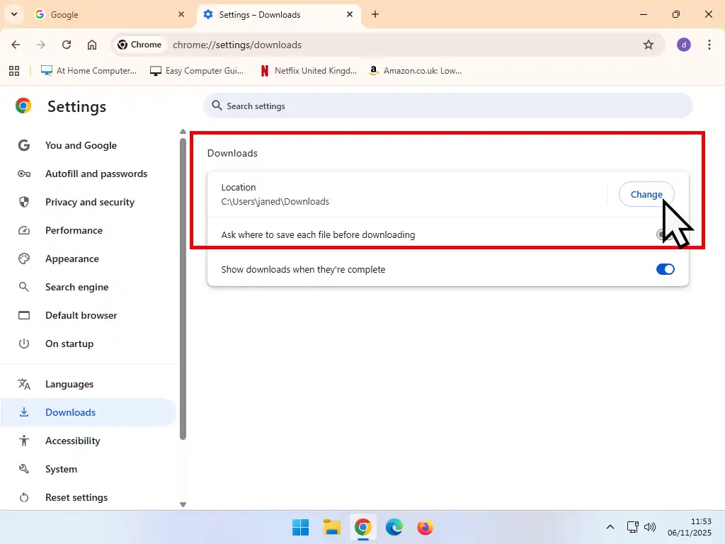 Change download location in Chrome Change button indicated.