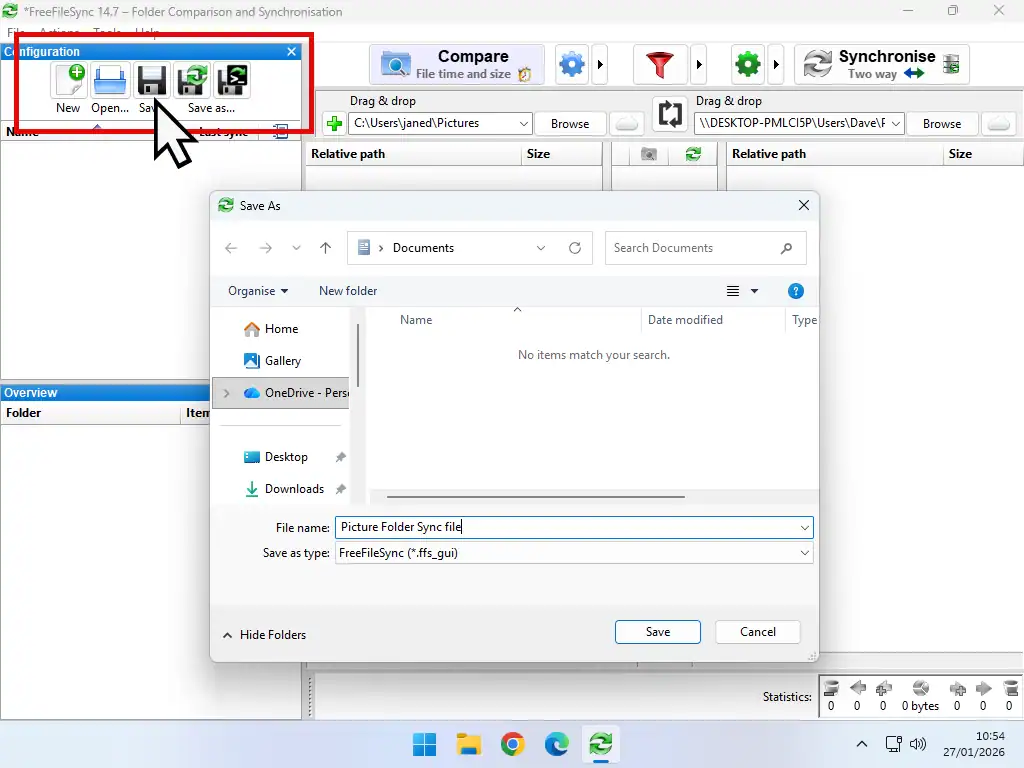 Configuration file Saving the FreeFileSync configuration file.