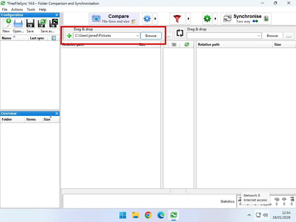 Folder selected in FreeFileSync Folder added to FreeFileSync.