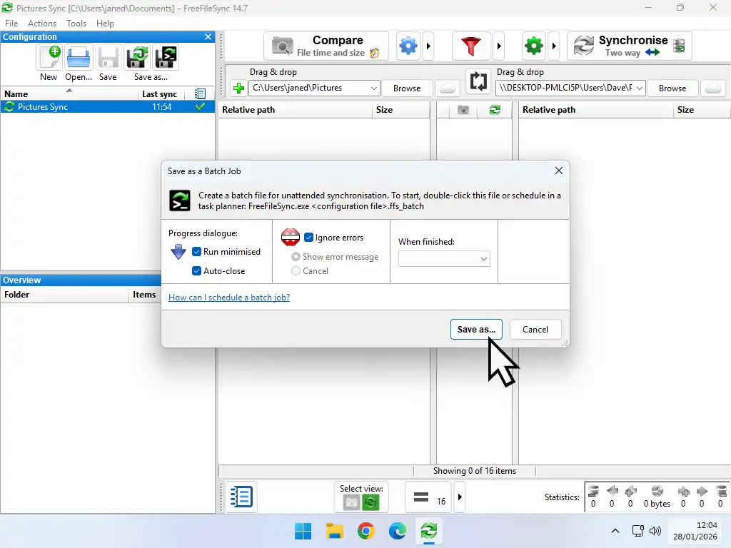 FreeFileSync batch job Batch file options are set.