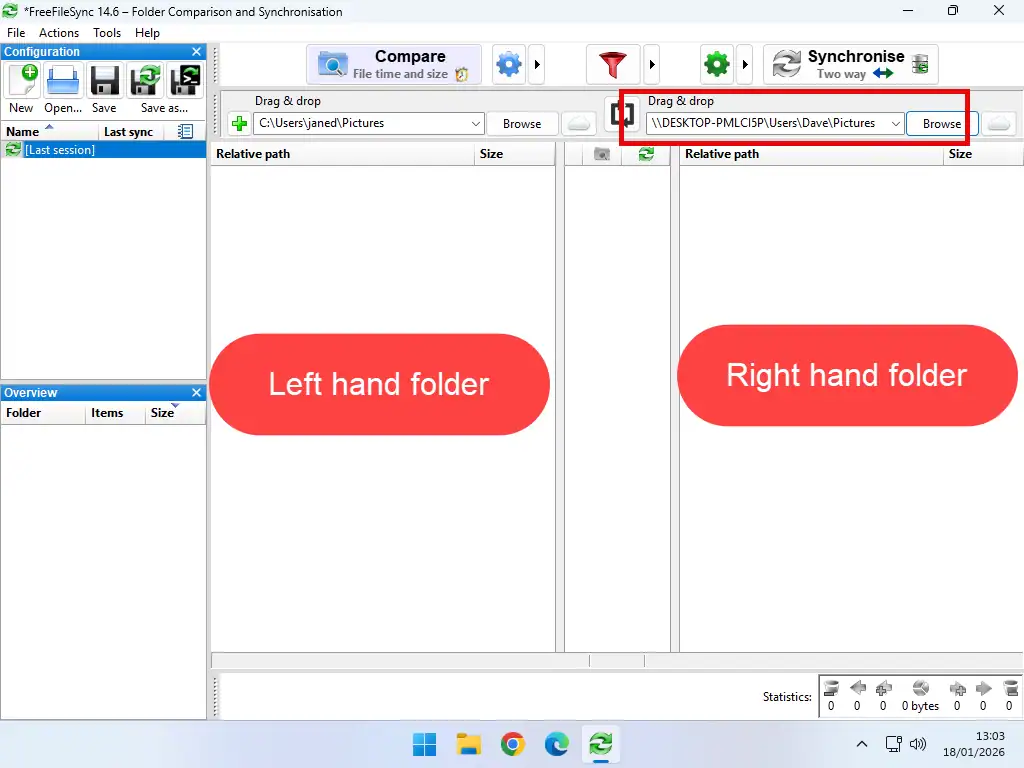 FreeFileSync settings Left and right folders in FreeFileSync.
