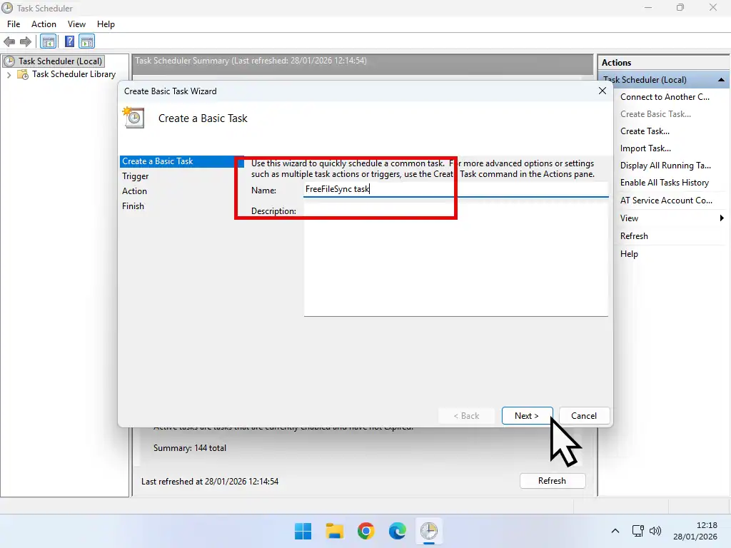FreeFileSync task Name the task and add a description if required.
