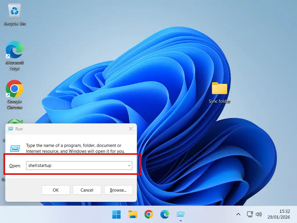 Open start up folder Run command box open. shell:startup has been entered.